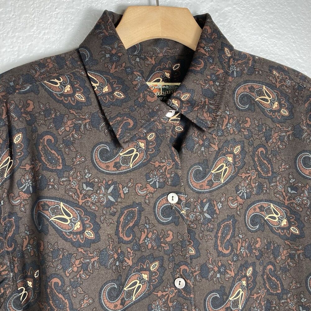 Brown Paisley L Button Up Shirt Western Boho Cowgirl Academic Vintage La Cabana